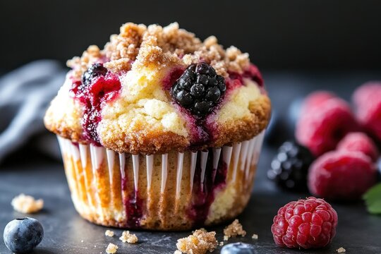 Freshly baked berry cream cheese muffin topped with crumbly streusel and surrounded by berries