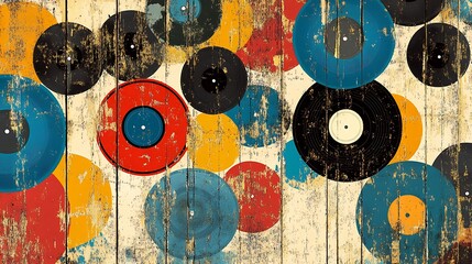 Colorful vinyl records on rustic wood background.