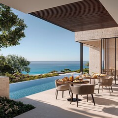 Obraz premium Luxury Oceanfront Dining Poolside Gourmet Meal