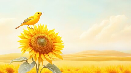 A bright yellow bird perched on a sunflower against rolling golden fields and a soft pastel sky, celebrating Kansas Day.