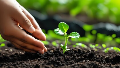 Hand nurturing a young seedling in fertile soil.