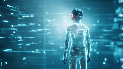 Futuristic Digital Human Form with Glowing Patterns in a Virtual Environment Representing Advanced Technology and Artificial Intelligence Concepts