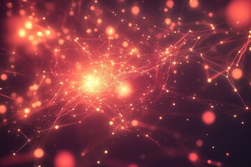 Abstract red glowing network, plexus, connection, and particles.