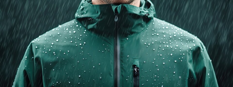 A Close-Up of a Person Wearing a Waterproof Green Jacket with Raindrops Accumulating on the Fabric in a Gloomy Outdoor Setting