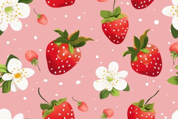 Red strawberries and white daisies on a pink background.