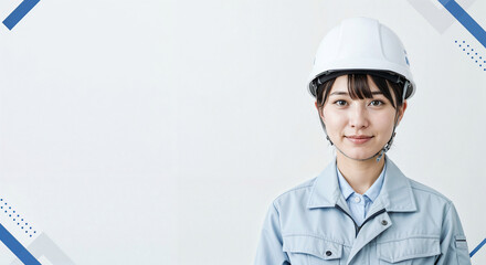 young Asian woman in construction helmets on white background with blue geometric elements, mockup for banner or advertisement with empty space for text . Generative AI