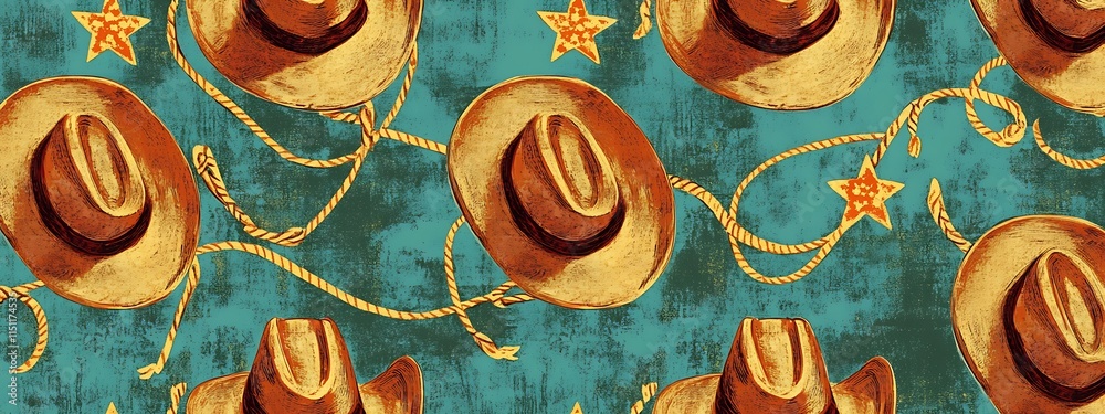 Poster cowboy hats and lasso seamless pattern.