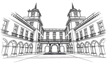 Elegant Palace Courtyard: Detailed Architectural Sketch. AI Generated