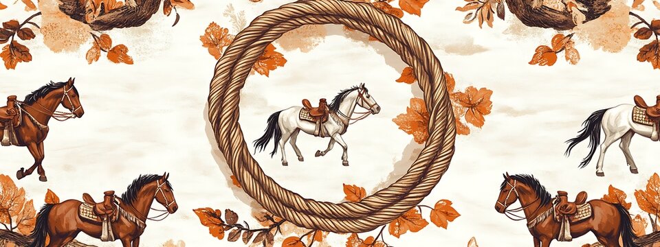 Horses, rope, and autumn leaves pattern.