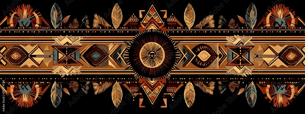 Poster Intricate ethnic pattern with feathers and geometric shapes.