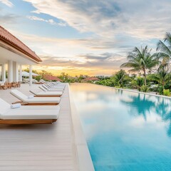 Fototapeta premium Serene Poolside Retreat with Lounge Chairs and Tropical Landscape Under Soft Sunset Sky in Modern Resort Setting