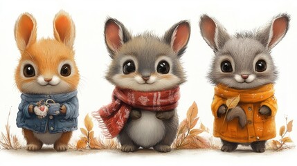 Fototapeta premium Three adorable bunnies autumn attire.