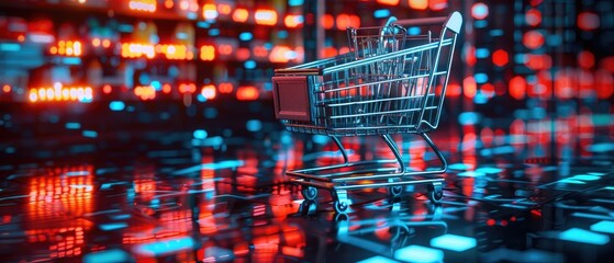 A futuristic digital shopping cart glowing in neon colors amidst a high-tech data landscape.