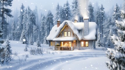 Naklejka premium A snow-covered cabin in a quiet forest, creating a peaceful winter retreat amidst nature.