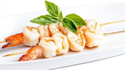 Grilled shrimp skewers with fresh basil served on a white plate, showcasing a delicious seafood dish.