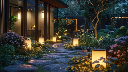 A modern garden landscape with an illuminated pathway leading to a residential house, highlighting ambient lighting installations and vibrant flowers