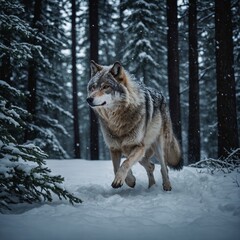Fototapeta premium A wolf-like creature with fur resembling swirling snowflakes sprinting through a forest of glowing evergreens.