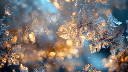 close-up of shimmering snowflakes against a blurred background