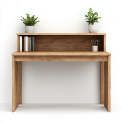 Modern Minimalist Wooden Desk with Plants and Books on Shelf