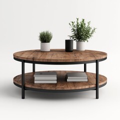 Modern Round Coffee Table with Wooden Surface and Plant Decor