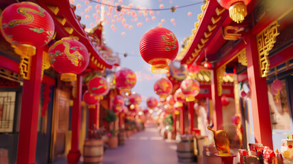Chinese New Year Background with Glowing Red Lanterns, Gold Ingots, and Traditional Elements for Luxury Celebrations