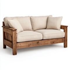 Fototapeta premium Elegant Rustic Wooden Sofa with Cream Cushions for Modern Living Spaces