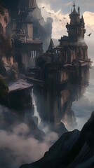 Fototapeta premium Towering castle on a rocky cliff shrouded in dense mist, creating an enchanting and mysterious view