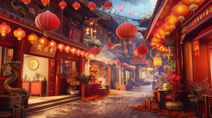 Naklejka premium Chinese New Year Background with Glowing Red Lanterns, Gold Ingots, and Traditional Elements for Luxury Celebrations