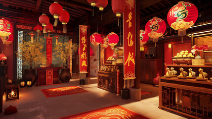 Chinese New Year Background with Glowing Red Lanterns, Gold Ingots, and Traditional Elements for Luxury Celebrations