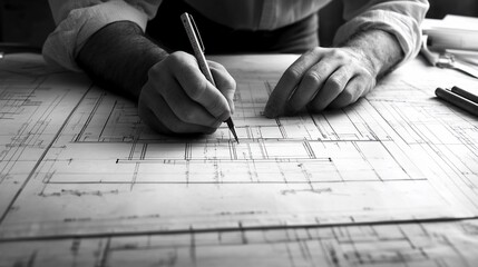 A person sketching architectural plans on a large blueprint.