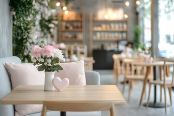 Fototapeta premium Minimalistic elegant coffee shop interior decorated for Valentines Day