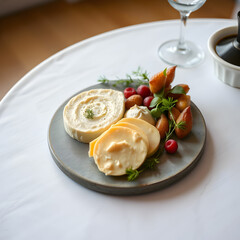 Side view of a table with cheese plate and pate on it