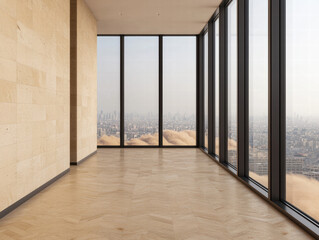 Obraz premium Dust crisis city life Spacious modern interior with floor-to-ceiling windows showcasing a city view.