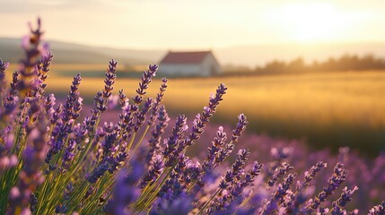 Obraz premium Lavender fields at sunset with a distant farmhouse