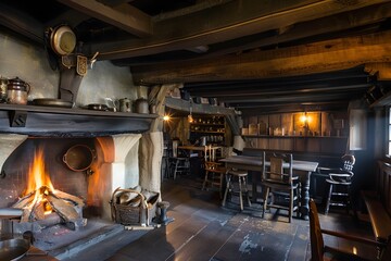 Rustic interior of a medieval tavern with wooden beams and dim lighting.