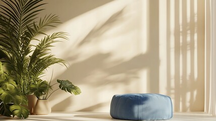 Serene Sunlight Bathes Cozy Pouf Mockup Photo. AI Generated