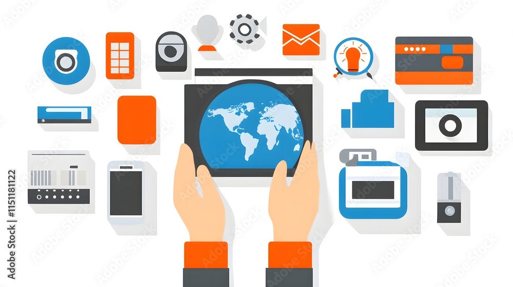 Poster exploring digital innovation global technology tools and devices creative workspace informative view