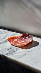 Close-up Photo: Deliciously Sliced Cured Meat on Marble. AI Generated