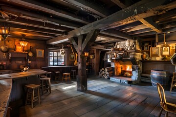 Authentic medieval tavern interior with wooden beams, cozy atmosphere, and rustic charm.