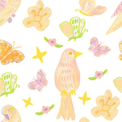 Tropical flowers and birds wax crayons seamless pattern on white insulated background. Textural and botanical repeating pattern. Design for textiles, wrapping paper and wallpaper.
