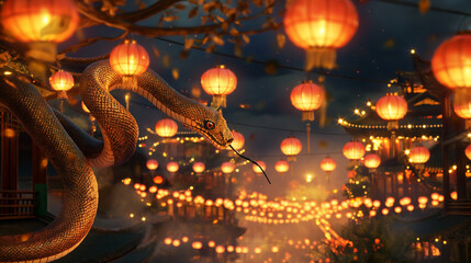 Fototapeta premium Chinese New Year Background with Glowing Red Lanterns, Gold Ingots, and Traditional Elements for Luxury Celebrations