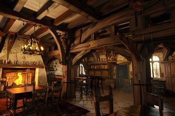 Wooden beams and rustic decor create a warm, medieval tavern interior with a cozy atmosphere.