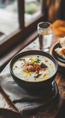 Creamy Soup Photo: Deliciously Garnished, Rustic Cafe Setting. AI Generated