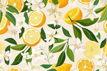 Citrus and Orange Blossom Vintage Retro Style Seamless Pattern