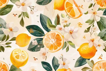 Citrus and Orange Blossom Vintage Retro Style Seamless Pattern