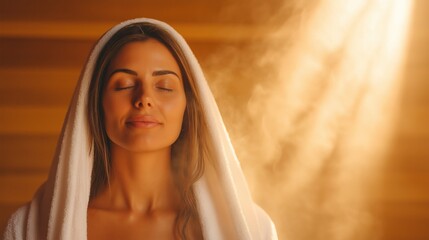 Fototapeta premium woman with long hair relaxes in a sauna, wrapped in a white towel, with her eyes closed. warm steam surrounds her, creating a serene ambiance for relaxation and wellness