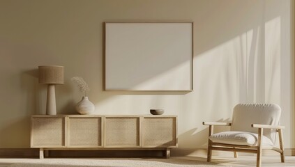 A cozy living room interior with a wooden armchair. a wooden cabinet. a potted plant. and a blank frame on the wall