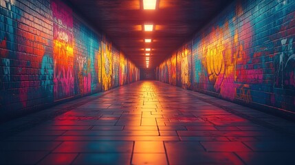 Graffiti-covered tunnel, illuminated, vibrant colors.