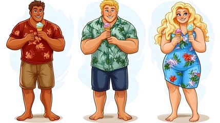 Summer ice cream delight fun characters enjoying treats beach location cartoon style vibrant colors