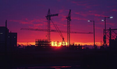 Fototapeta premium A silhouette of construction cranes against a vibrant sunset backdrop.